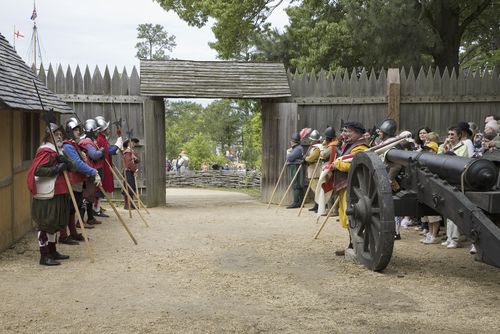 English reenactor soldiers standing at attention at front gate of James Fort, Jamestown Settlement, on 400th Anniversary of Jamestown, Virginia, May 4, 2007