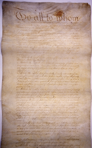 The Articles of Confederation. The first page of six of the Nation's first constitution was a confederation of 13 sovereign states bound loosely in a 'league of friendship' was created in 1781.