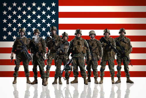 Eight isolated U.S. Marines. on the smooth floor. Soldiers against the background of the American/USA flag.