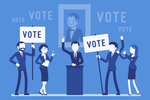 Election campaign voting. Politician, party candidate in excited speech persuades to vote for him, active people at meeting holding signs, banners to support.