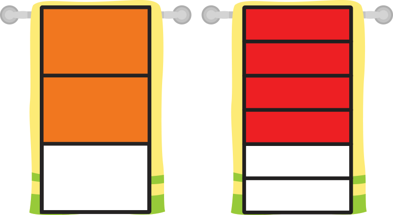 Two towels. Left towel: 3 parts with 2 filled in. Righ towel: 6 parts with 4 filled in.