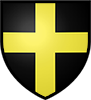 A black shield showing a gold cross