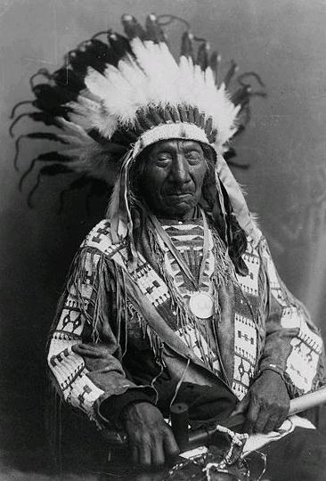Chief Red Cloud, half-length portrait, seated, facing front; holding peace pipe.