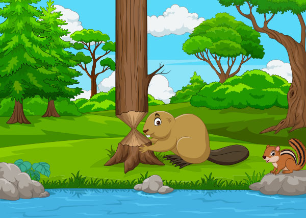 Cartoon beaver cutting a tree in the forest