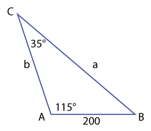 triangle with a 35° angle, 115° angle, and 200 side.