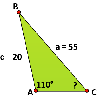 triangle with a 110° angle, c=20, and a=55