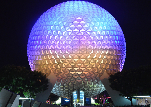 SPHERE OF EPCOT CENTER, ORLANDO, JULY, 2016. View of the beautiful and imposing colored sphere located at the entrance of Epcot Center. Editorial photo.