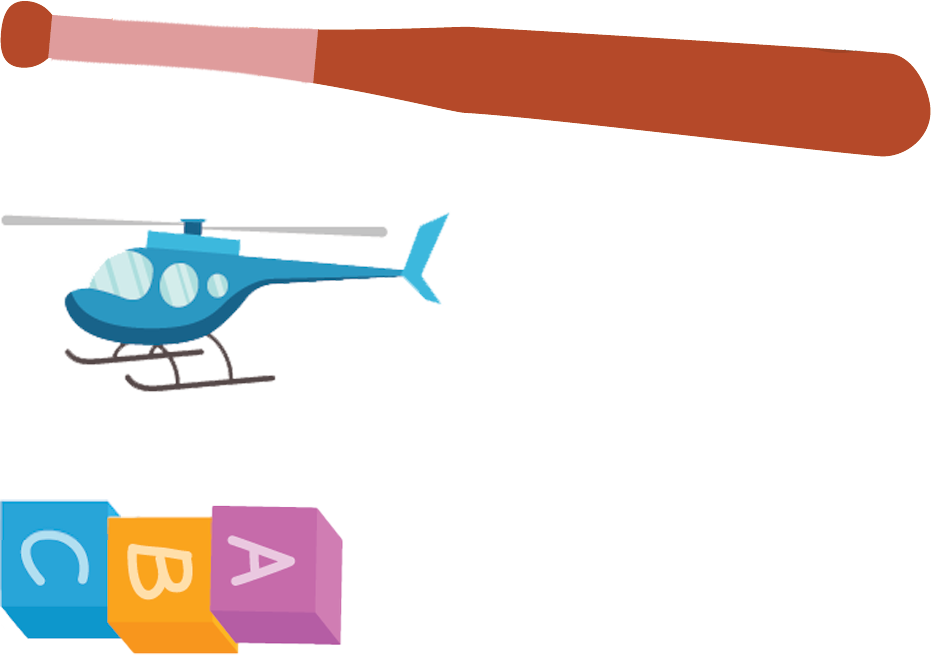 baseball bat, toy helicopter, and a row of three toy blocks on their sides