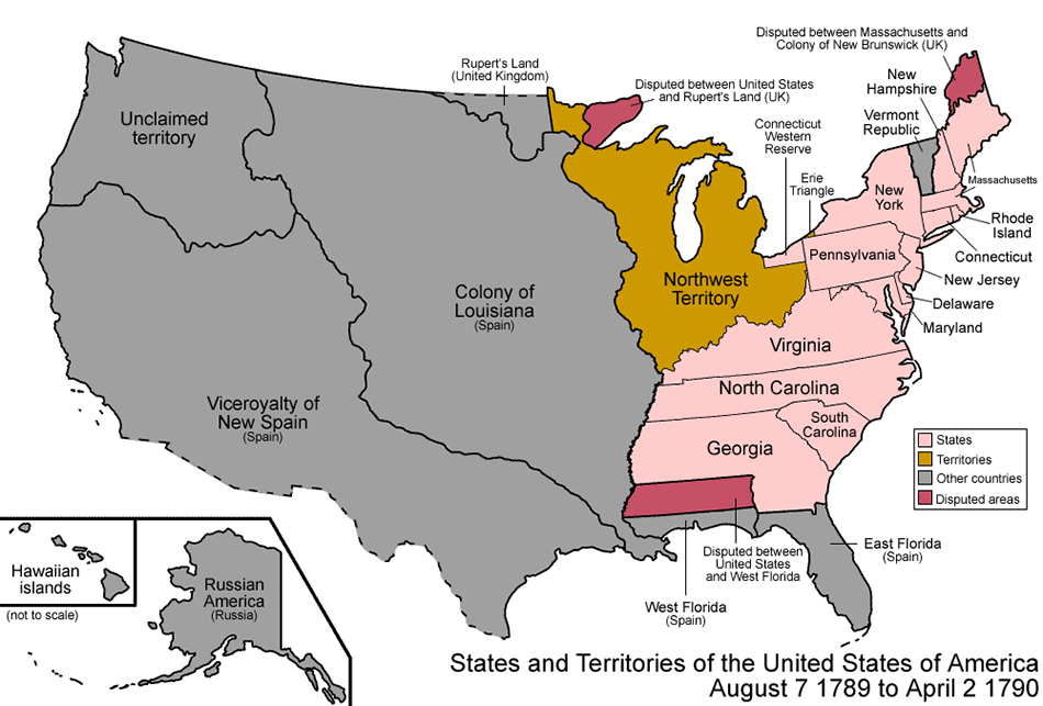 Map of the states and territories of the United States as it was from August 1789 to April 1790. On August 7 1789, the Northwest Territory was organized.