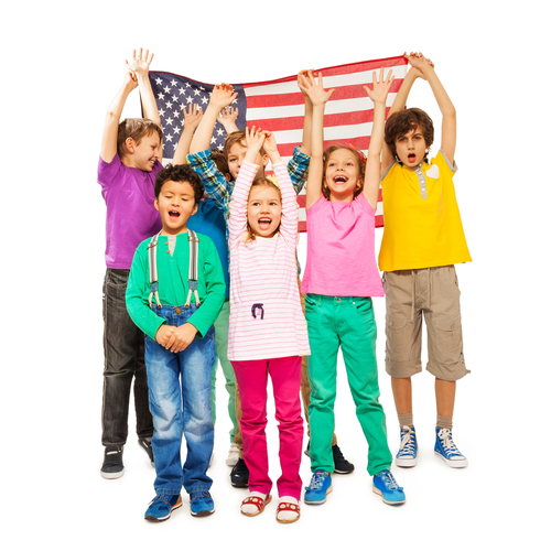Group of children enveloped under American flag