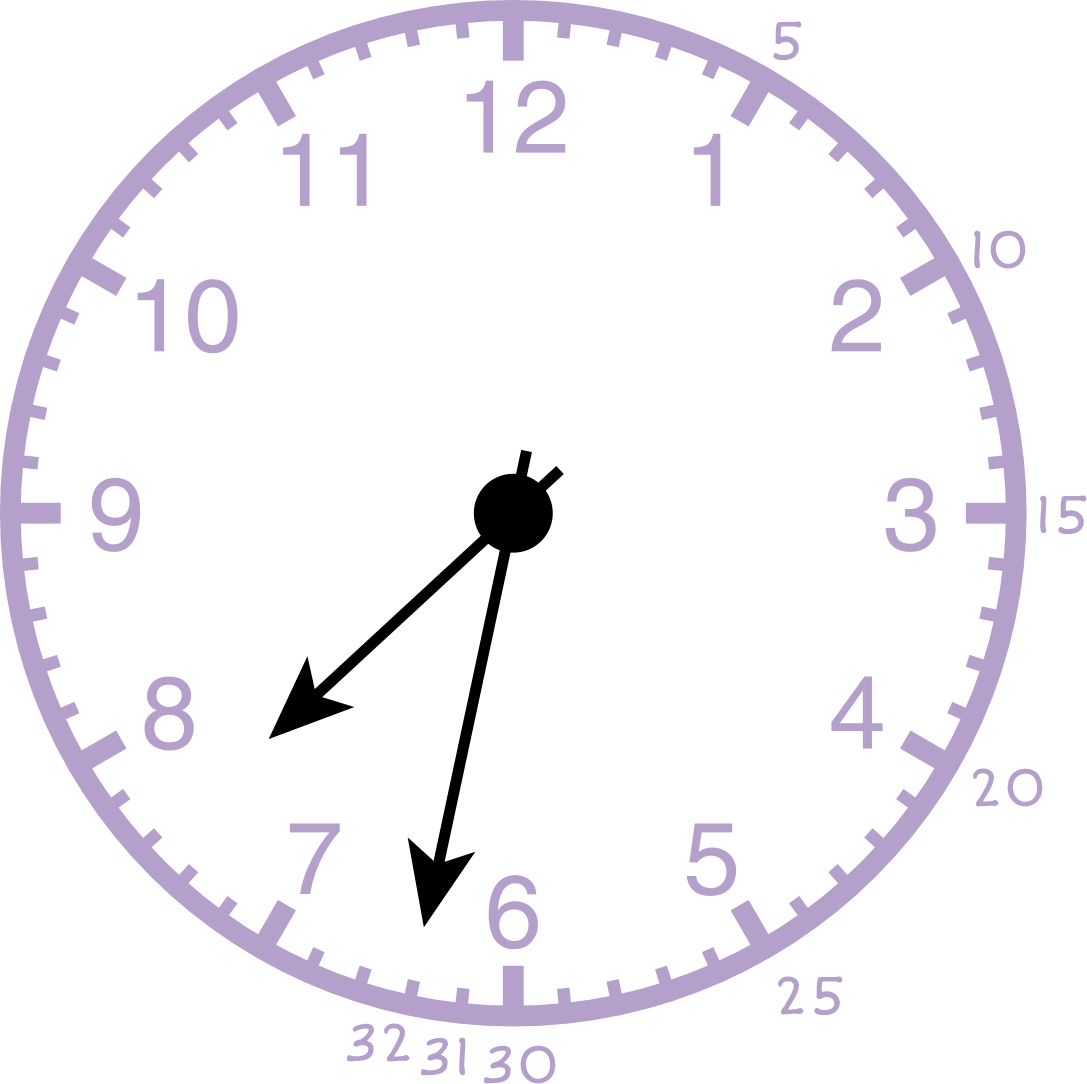 Analog clock showing 7:32. The minutes are labeled 5, 10, 15, 20, 25, 30, 31, 32.