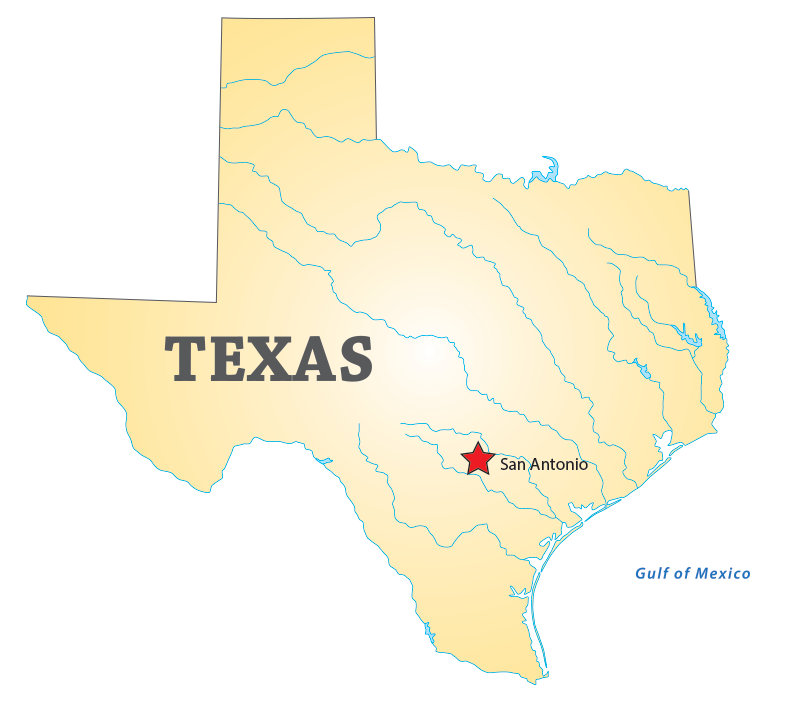 Map of Texas with San Antonio starred.