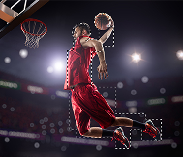 A basketball player in midair with a poor selection based on squares and circles shown.