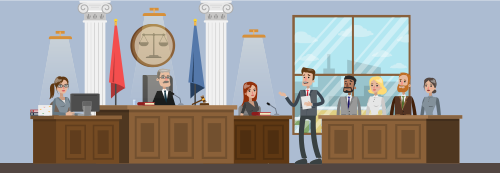 Court building interior with courtroom. 