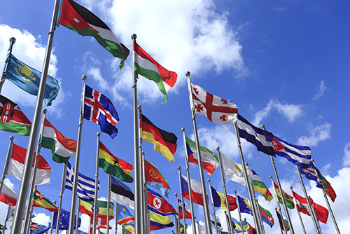 multiple national flags in front of a blue sky