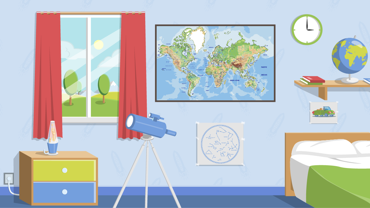 A bedroom with a large map poster on the wall.