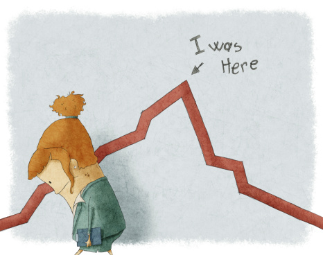 Sad woman looking at falling stock chart.