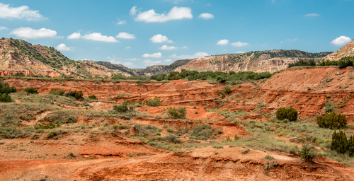 Panoramic view of the red rolling terrain of Palo Duro Canyon State Park.