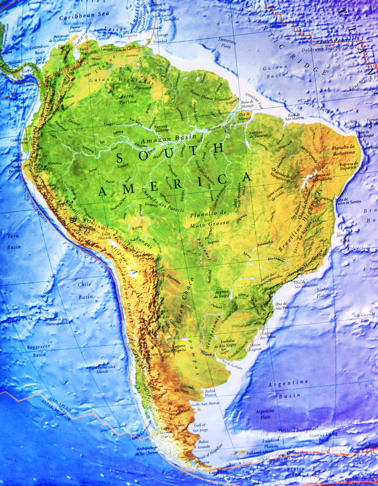 High detailed South America physical map with labeling