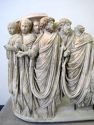 Marble fragment of the sarcophagus depicting Acilia Gordian III and some members of the Roman Senate.