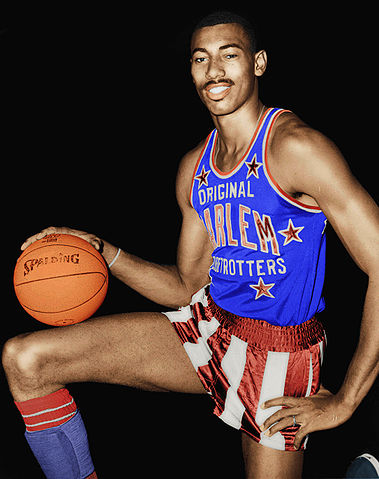 Wilt Chamberlain.jpg Wilt Chamberlain, American basketball player wearing uniform of Harlem Globetrotters.