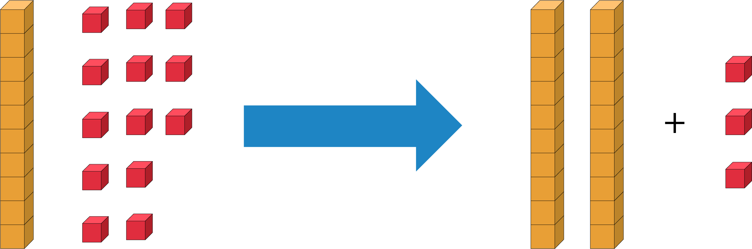 1 rod and 13 cubes, with an arrow pointing to the right, and 2 rods + 3 cubes