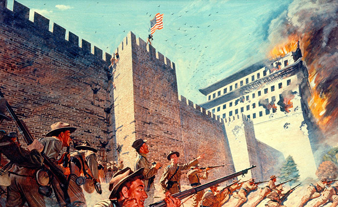 U.S. forces scale the walls of Peking, China during the Boxer Rebellion.