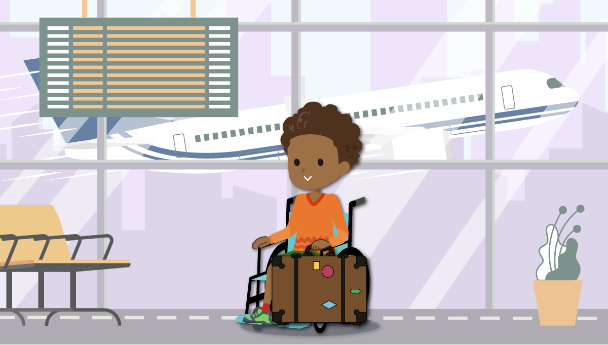 Caleb at the airport terminal with his suitcase.