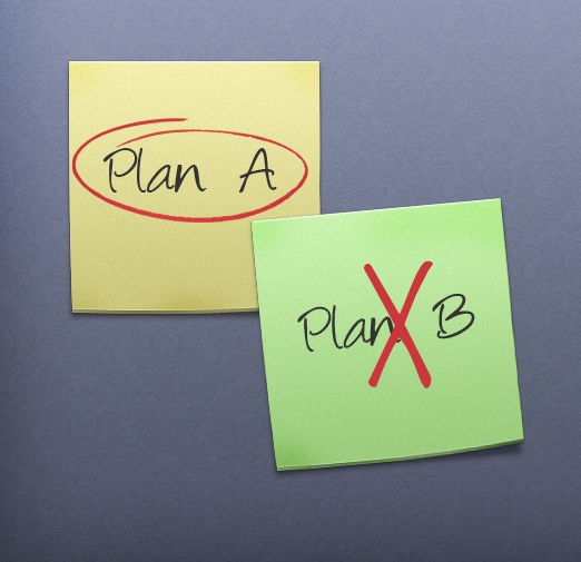 Post it notes with Plan A circled and Plan B crossed out