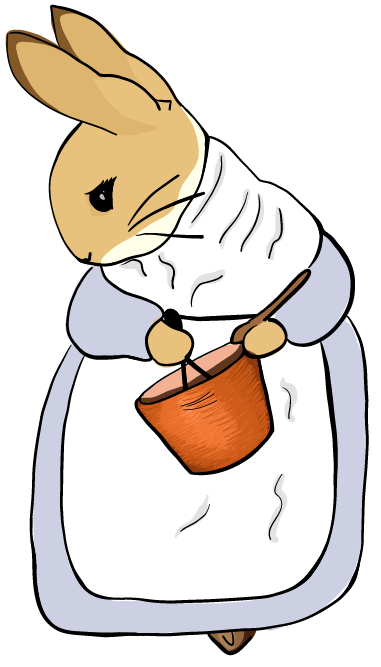 rabbit in a blue dress and white apron cooking.