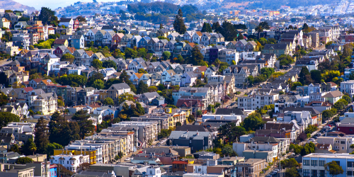 Dense housing in San Francisco CA on a sunny day.