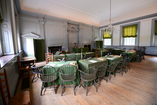 PHILADELPHIA - JUN 27, 2014: Assembly Room in Independence Hall in old town Philadelphia, Pennsylvania, USA. Both the Declaration of Independence and Constitution are signed in this room.