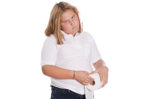 A young girl holding a roll of toilet paper, isolated against a white background