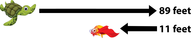 turtle with an arrow to the right labeled 89 feet. fish with an arrow to the left labeled 11 feet.