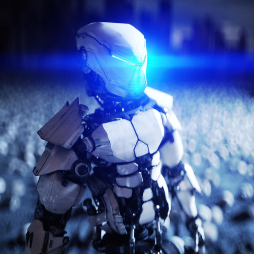 Military robot and skulls of people. Dramatic apocalypse super realistic concept. Rise of the Machines. Dark future. 3d rendering.