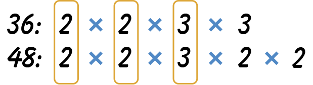 Thirty six: two times two times three times three. Forty eight: two times two times three times two times two. Common factors in both numbers are circled together.