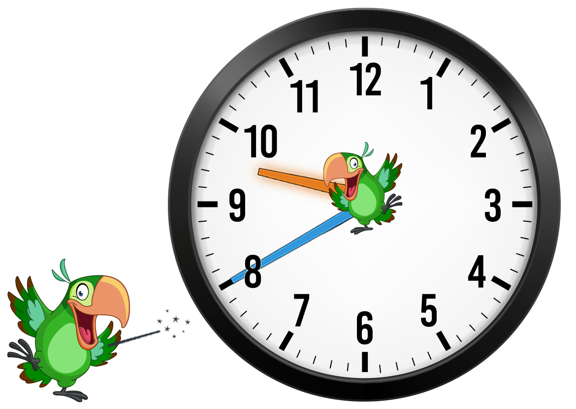 clock with hour hand on 9 and minute hand on 8