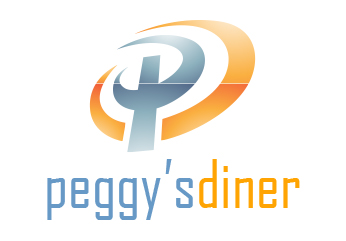 A logo for Peggy's Diner showing an abstract P and D design.