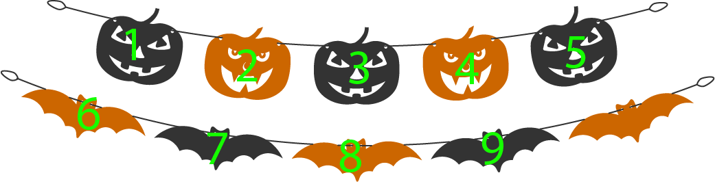 10 halloween decorations: Counting 1, 2, 3, 4, 5, 6, 7, 8, 9