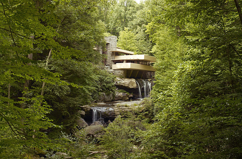 Fallingwater is a house designed by American architect Frank Lloyd Wright in 1934 in rural southwestern Pennsylvania, 50 miles southeast of Pittsburgh, and is part of the Pittsburgh Metro Area.