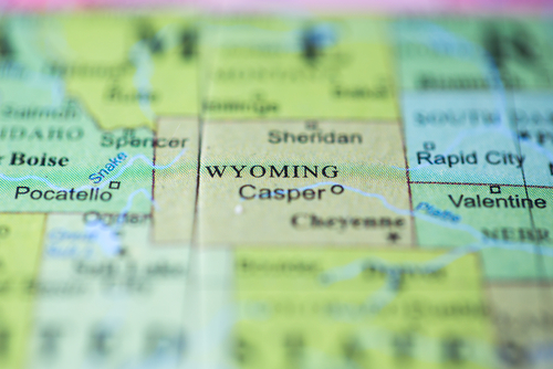 Map view of Wyoming on a geographical globe.