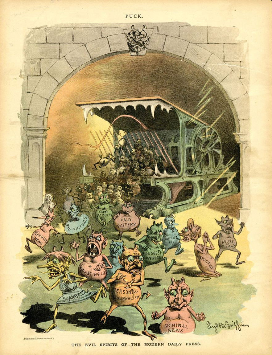 'The Evil Spirits of the Modern Day Press'. Puck US magazine 1888; Nasty little printer's devils spew forth from the Hoe press in this Puck cartoon of Nov. 21, 1888.