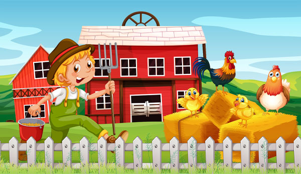 Happy farmer feeding chickens