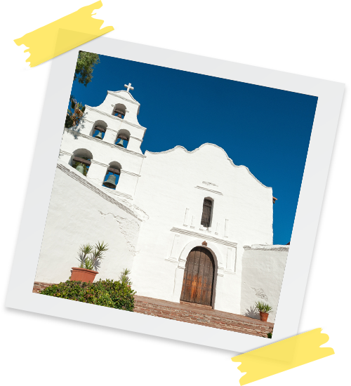 Mission San Diego de Alcala photograph with tape holding it up.