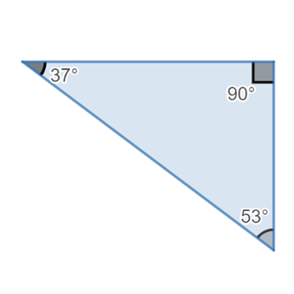 A right triangle with the right angle labelled 90 degrees, another angle labelled, 53 degrees and another angle labelled 37 degrees.