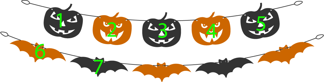 10 halloween decorations: Counting 1, 2, 3, 4, 5, 6, 7