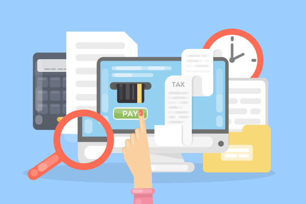 Tax payment online with computer. Anlyzing finances.