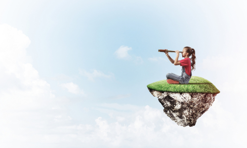 Cute smiling girl sitting on floating island high in sky.
