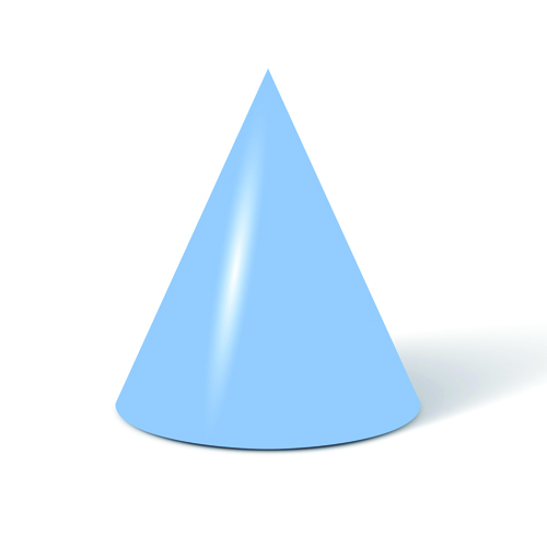 a three-dimensional shape with one circular end where the sides taper upward to a point located at the top