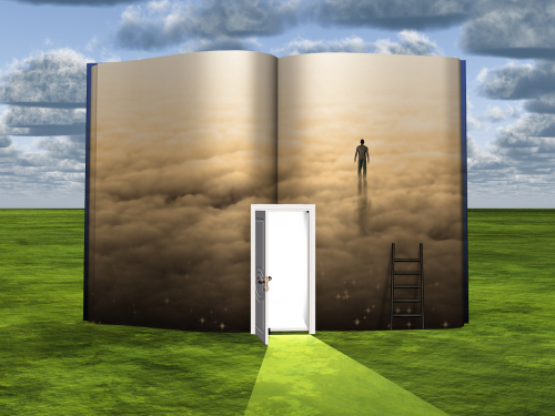 Surrealism. Book with opened door, ladder and figure of man in clouds. 3D rendering 